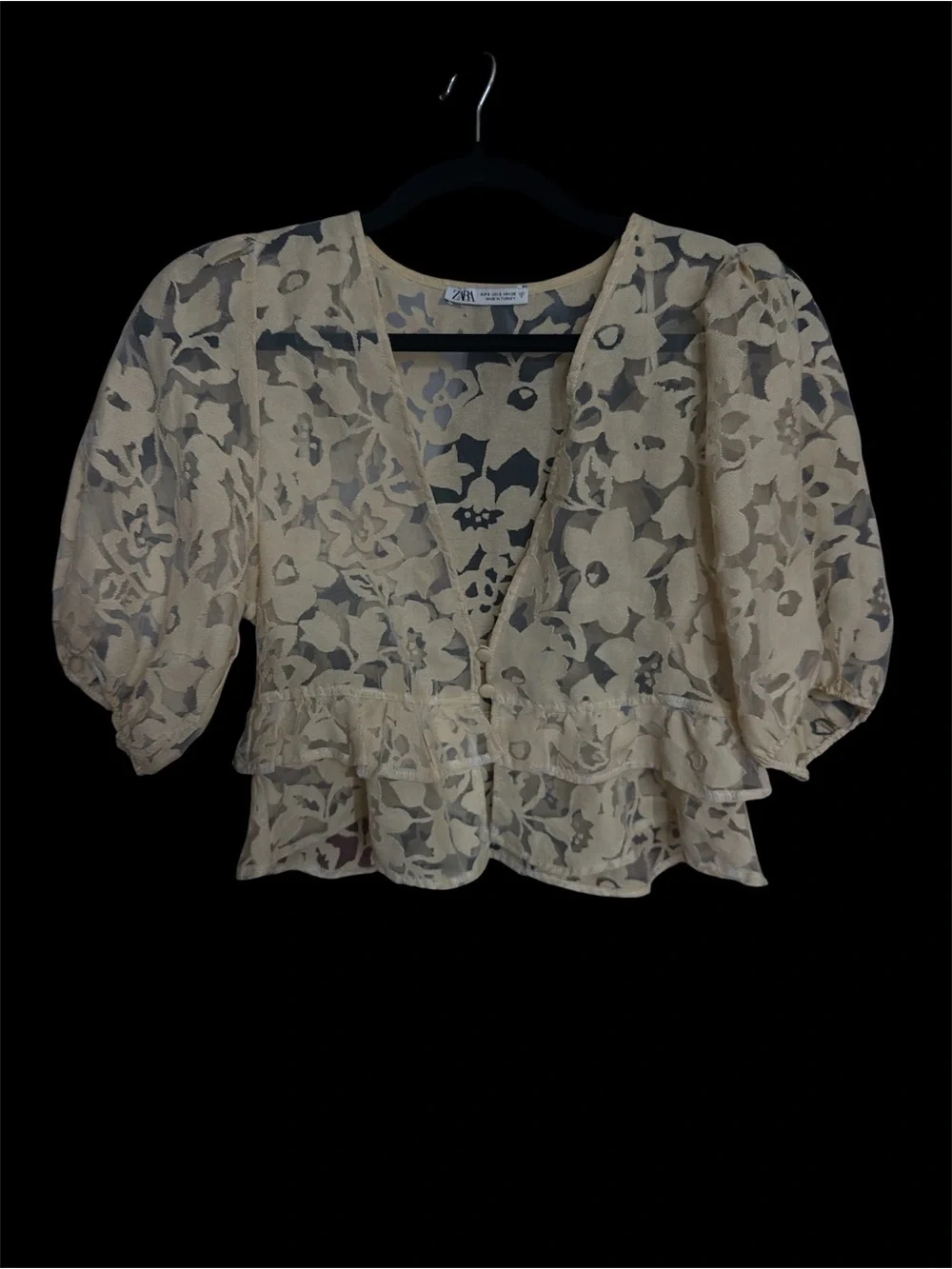 Zara Sheer Floral Ruffle Cropped Blouse - Cream
